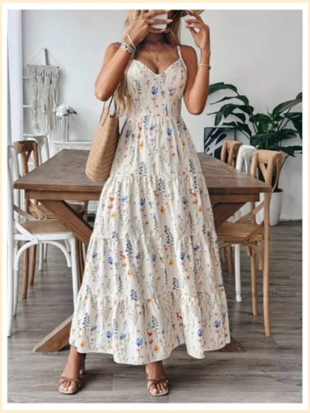 Floral Boho Maxi Dress Tiered Ruffle Spaghetti Strap Casual Summer Vacation - Picture 4 of 5